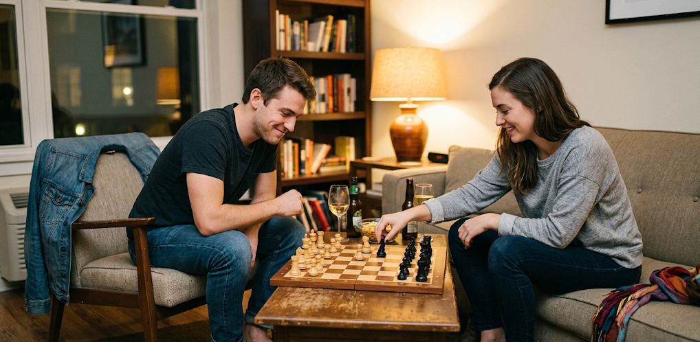 A smiling couple enjoying a playful game of strip chess in a cozy living room, sitting at a wooden coffee table with drinks.